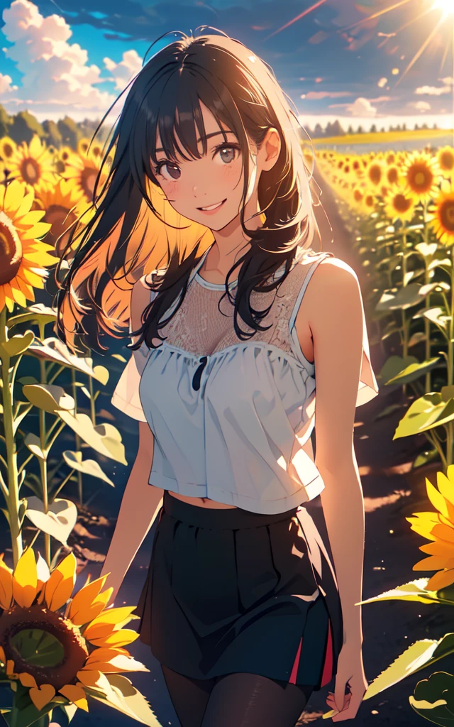 Front facing, facing this way、A more beautiful smile、More cute casual summer outfits、Cute mini skirt、More beautiful thighore beautiful colorful pantyhose、A more beautiful walk through a sunflower field in summer, Beautiful dark clouds, (Cowboy Shot:1.4), Beautiful and realistic, Beautiful masterpiece, Beautiful and top quality, Beautiful backlight, (Lens flare:1.1), (bloom:1.1), (chromatic aberration:1.1)