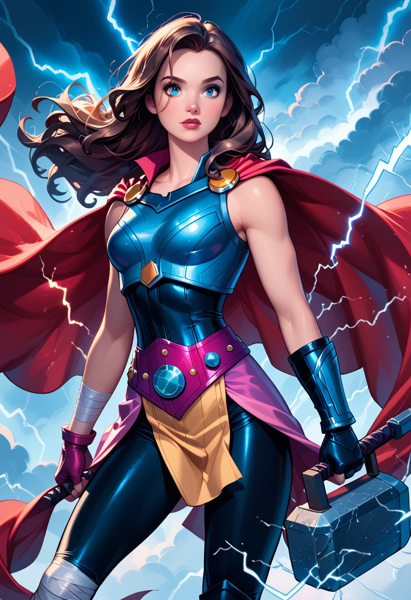 score_9, score_8_up, score_7_up, score_6_up, 1girl, solo, (Disney's Belle:1.3), wearing (Mighty Thor suit, long hair, cape, breastplate, belt, skirt, pelvic curtain, leggings, single bracer, bandaged legs, fingerless gloves, holding hammer, lightning, electricity:1.2), (three quartershot:1.1), cinematic lighting.