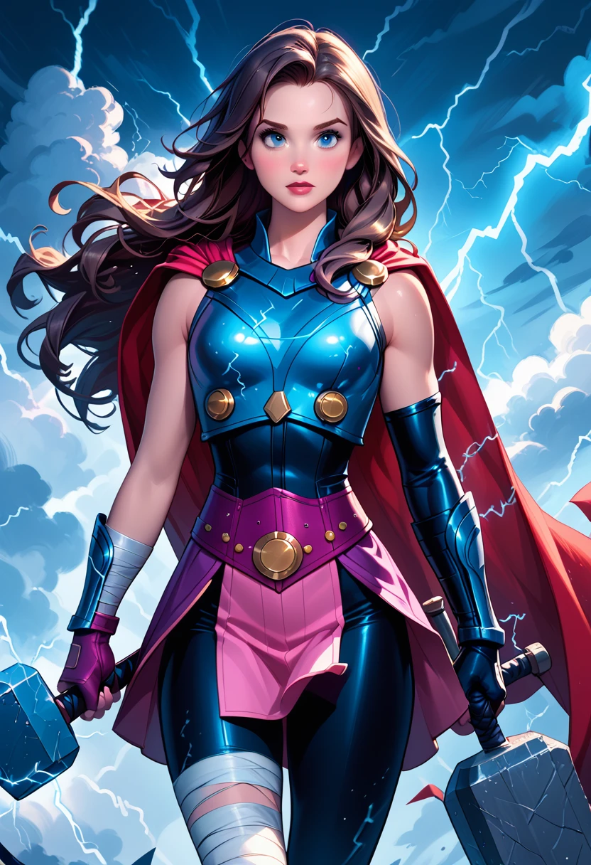 score_9, score_8_up, score_7_up, score_6_up, 1girl, solo, (Disney's Belle:1.3), wearing (Mighty Thor suit, long hair, cape, breastplate, belt, skirt, pelvic curtain, leggings, single bracer, bandaged legs, fingerless gloves, holding hammer, lightning, electricity:1.2), (three quartershot:1.1), cinematic lighting.