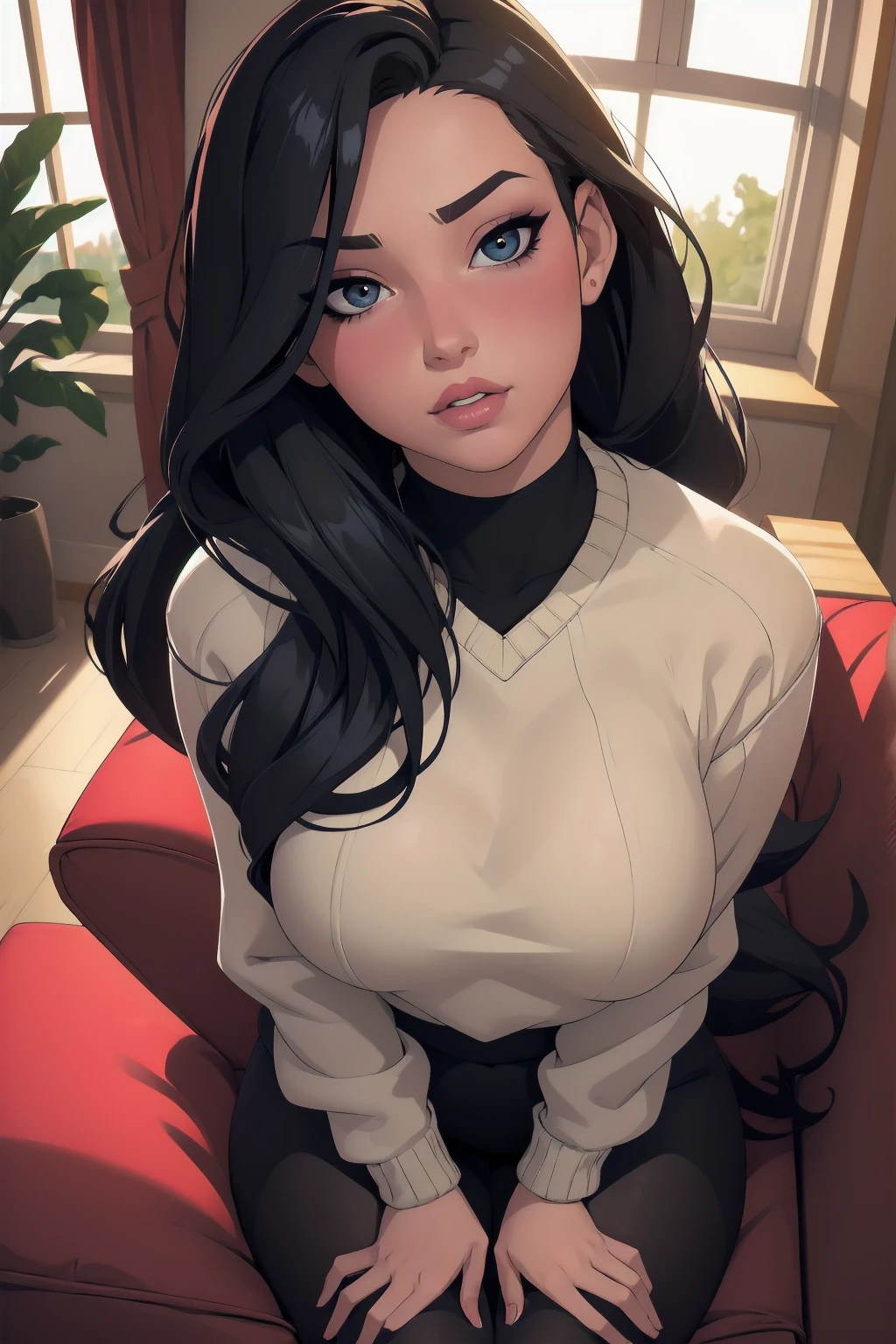 Sexy woman, perfect hair, amazing makeup, seductive gaze, blushing intensely, ready to kiss, long oversized sweater, black tights, sitting comfortably on couch, window, natural light beaming through window, beautiful face, seductively gazing at us, very seductively provocative, fisheye