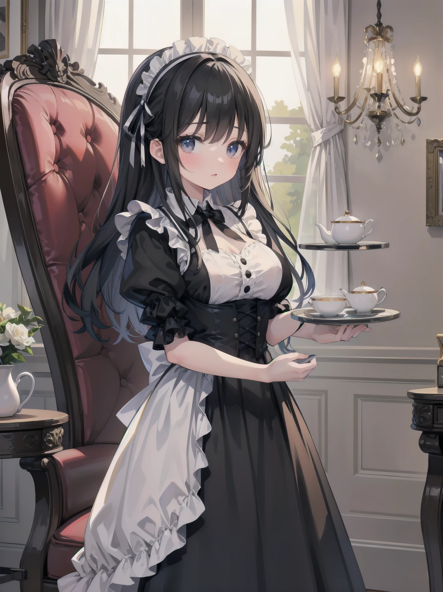 Illustration of a beautiful girl in a cute pose,(Masterpiece: 1.2), (Best quality: 1.2), A cute girl with long black hair, dressed in a classic black and white maid outfit with frilly lace and a matching headband, is standing in a beautifully decorated Victorian-style parlor. She is holding a silver tray with a teapot and teacup, her expression a mix of professionalism and warmth. The background includes ornate furniture, a chandelier, and large windows with heavy drapes, all bathed in soft afternoon light. This illustration emphasizes the elegant and welcoming atmosphere of a high-class tea service
