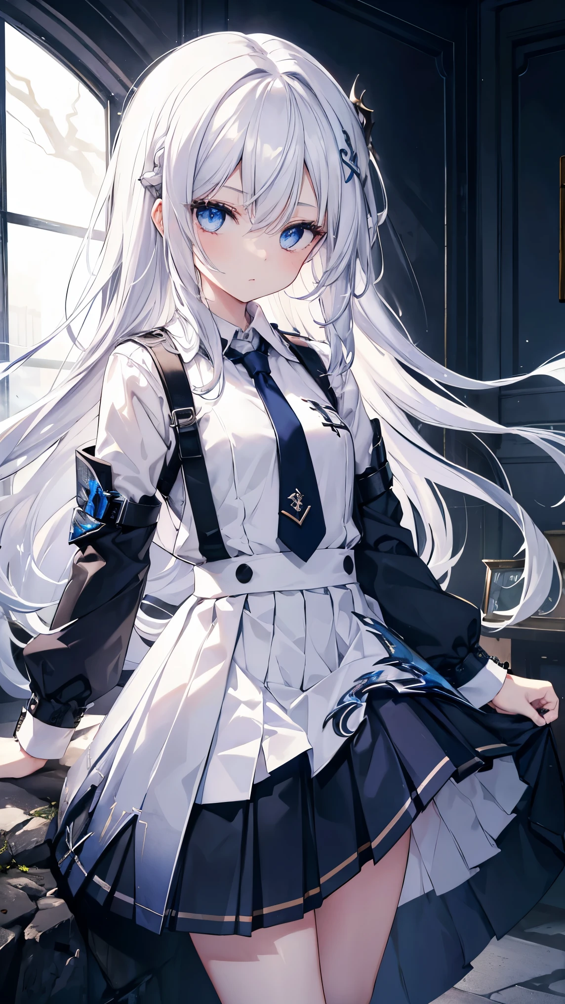 ,girl,Highest quality,,Silver Hair,,blue eyes,,White skin,Sleepiness,Very long hair,,Half an eye,rock,Restraints,small胸,,Dragon Horn,,Tattoo,small,Dress shirt,Pleated skirt,tie,lightning,thunder,