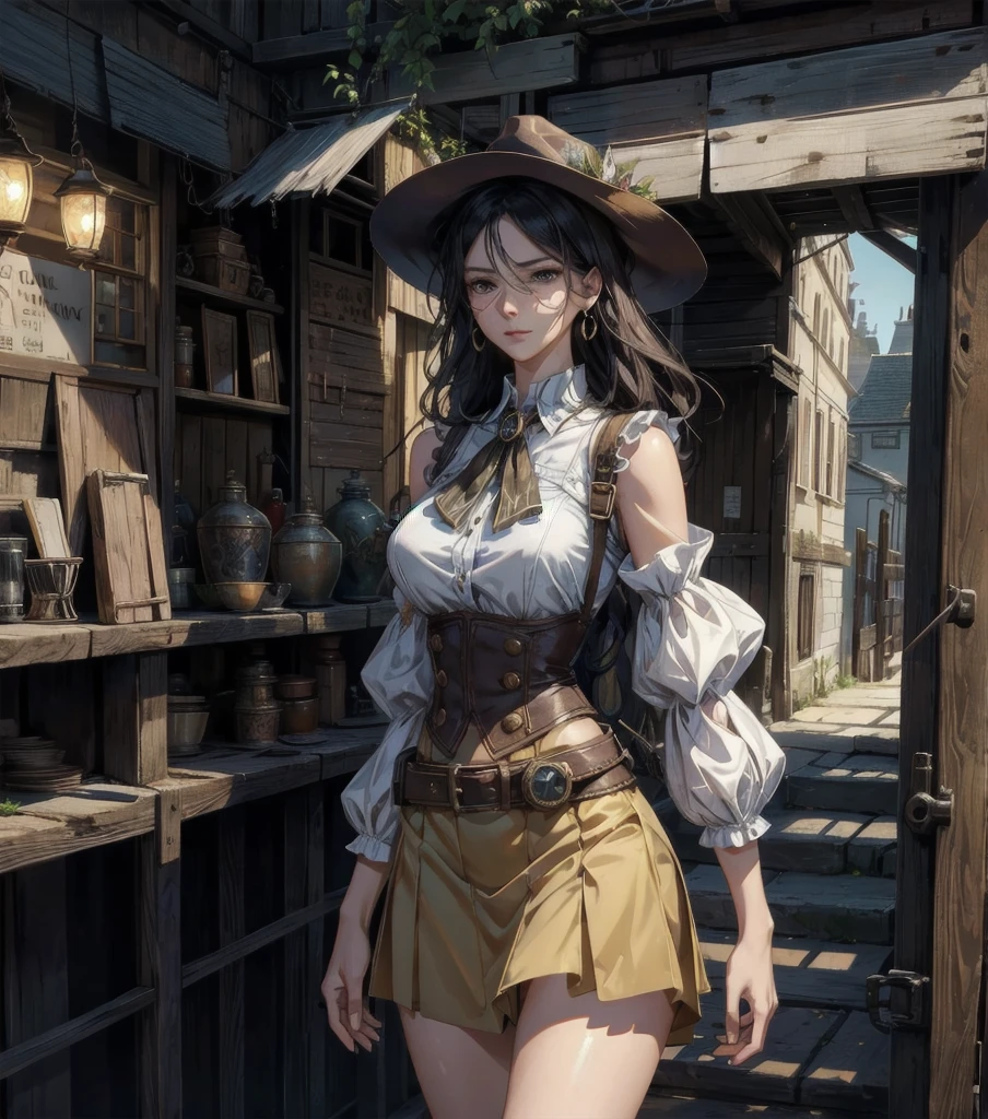 cowboy shot, absurdres, RAW photo, extremely delicate and beautiful, masterpiece, Best Quality, ultra high resolution, 32k, hyperrealistic, ultra-detailed, Very detailed CG 8k wallpaper, detailed background, landscape, Beautiful Lighting, Perfect Lightning, Realistic Shadows, perfect ???????, anatomically correct, ideal ratio body proportions, perfect figure, Perfect Style, Perfect balance, super Detailed skin, in her 30s, very Slim body, narrow waist, very small head, very small face, delicate facial features, handsome detailed woman, very detailed eyes and face, realistic face proportions, Realistic beautiful face, Realistic beautiful eyes, tearful mole, earring, very huge round tits, medium hair, asymmetrical hair, wavy hair, steampunk fashion, waistcoat, blouse, hat, short skirt, bare shoulder,