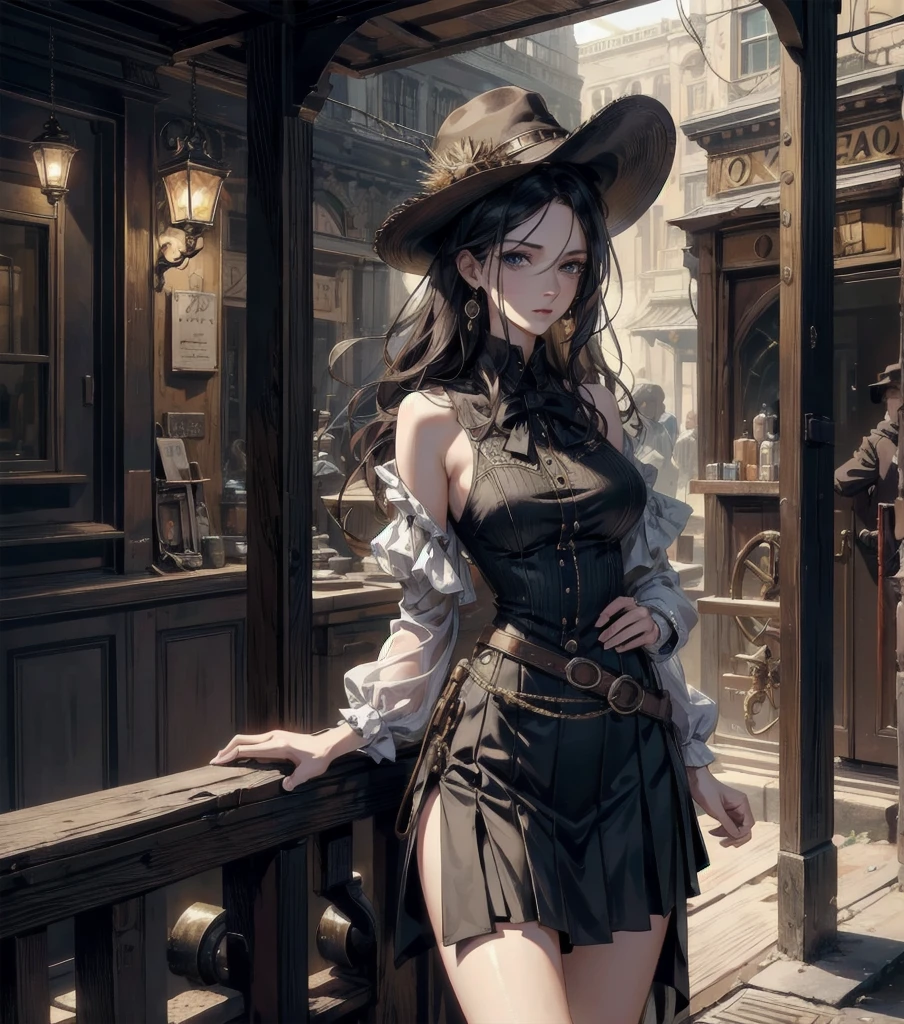 cowboy shot, absurdres, RAW photo, extremely delicate and beautiful, masterpiece, Best Quality, ultra high resolution, 32k, hyperrealistic, ultra-detailed, Very detailed CG 8k wallpaper, detailed background, landscape, Beautiful Lighting, Perfect Lightning, Realistic Shadows, perfect anatomy, anatomically correct, ideal ratio body proportions, perfect figure, Perfect Style, Perfect balance, super Detailed skin, in her 30s, very Slim body, narrow waist, very small head, very small face, delicate facial features, handsome detailed woman, very detailed eyes and face, realistic face proportions, Realistic beautiful face, Realistic beautiful eyes, tearful mole, earring, very huge round tits, medium hair, asymmetrical hair, wavy hair, steampunk fashion, waistcoat, blouse, hat, short skirt, bare shoulder,