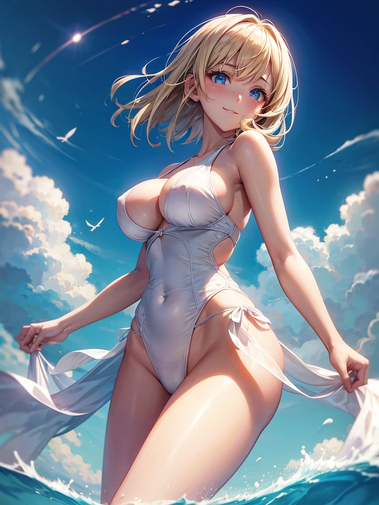 Anime style, super fine illustration, super clear illustration, highly detailed, beautiful detailed, super pale tone image, super delicate illustration, super calm & static image, sexy posing Portrait, static representation, gentle expression, 8k, angle from behind, pretty 1girl with blonde straight short hair & blue eyes & a bright smile & Big breasts & wide hips & pink nipples & soft fair skin is wearing the swimsuit on the beach of caribbean clear sea, brilliant particles of lights, romantic stories, solo, perfect 5fingers, perfect arms, perfect legs, masterpiece, 布ははためかない, 布はいらない,