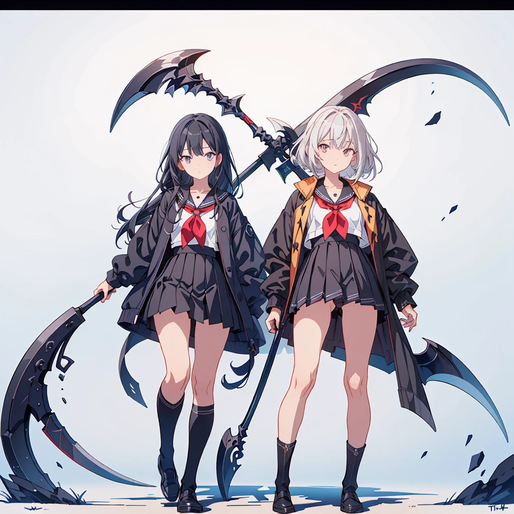 (masterpiece, Highest quality), (perfect athletic body:1.2), (Thin Hair), Very detailed, Anime Style, whole body, alone, Vampire Hunter, Black Sailor Suit, big grim reaper scythe, Black Hair, High Boots, Standing in the Wilderness,Navy blue knee socks,Black Loafers、 8K high resolution, White Background, whole body,