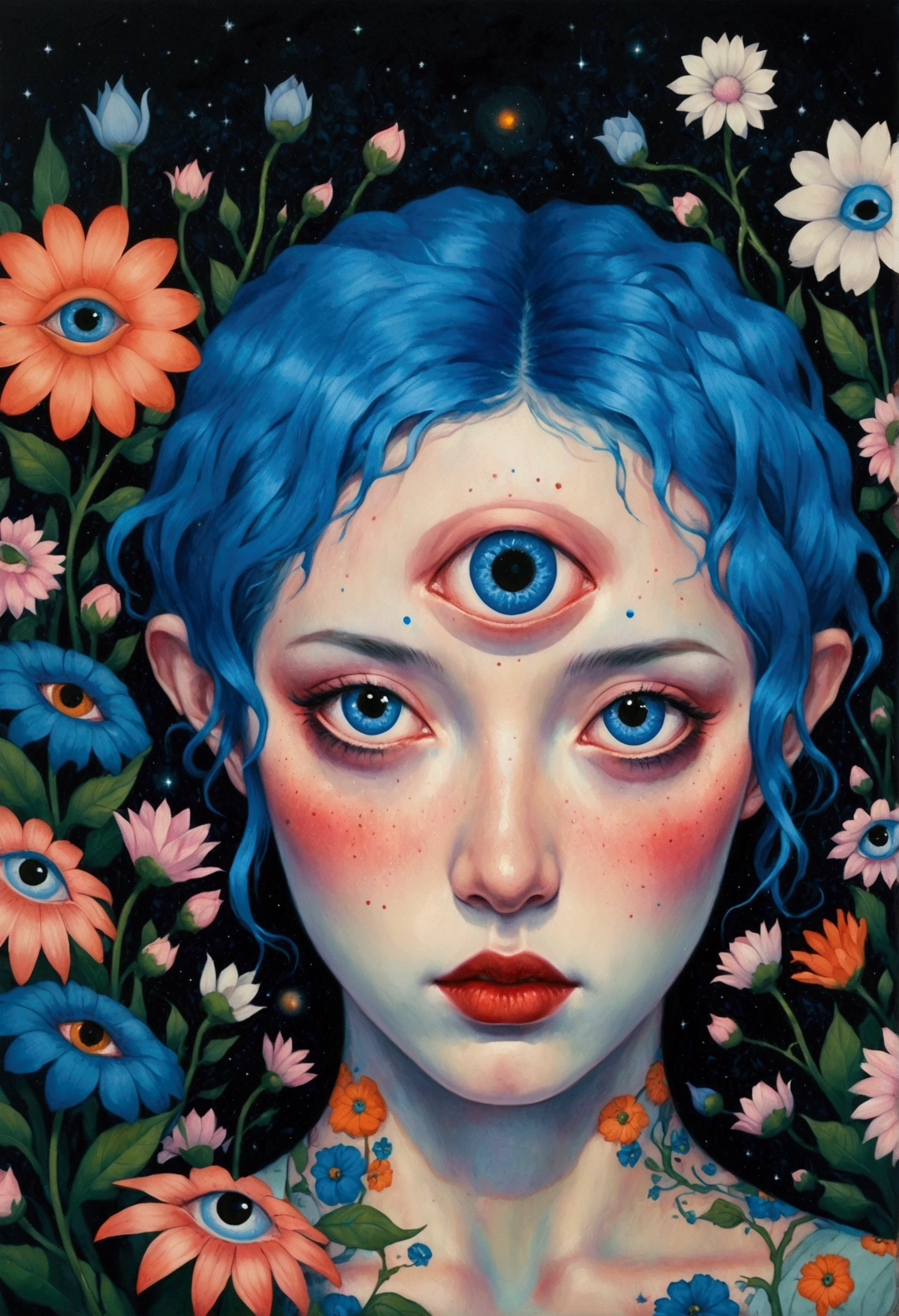 painting of a woman with blue hair and blue eyes surrounded by flowers, a surrealist painting by Nándor Katona, behance contest winner, pop surrealism, pop surrealism lowbrow art style, lowbrow pop surrealism, japanese pop surrealism, third - eye visions, starry eyes, third eye, portrait of a mystical giant eye, psychedelic illustration