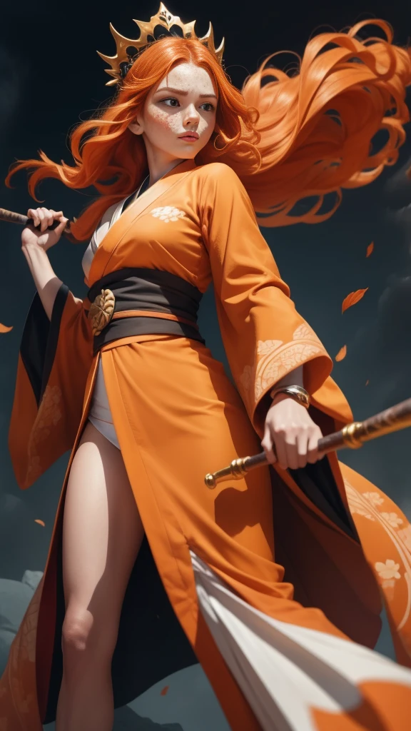 Young princess ((fighting monsters)), striking figure, long flowing ginger hair, wavy hairs, fair skin, (freckles), ((kolito)), innocent and regal appearance, expressive green eyes are filled with a mix of curiosity and determination, her slender frame, elegant grace, vibrant (((orange kimono))) with white and black decorations, very long sleeves, feather headdress, no background, combat pose, dynamic pose, holding a staff