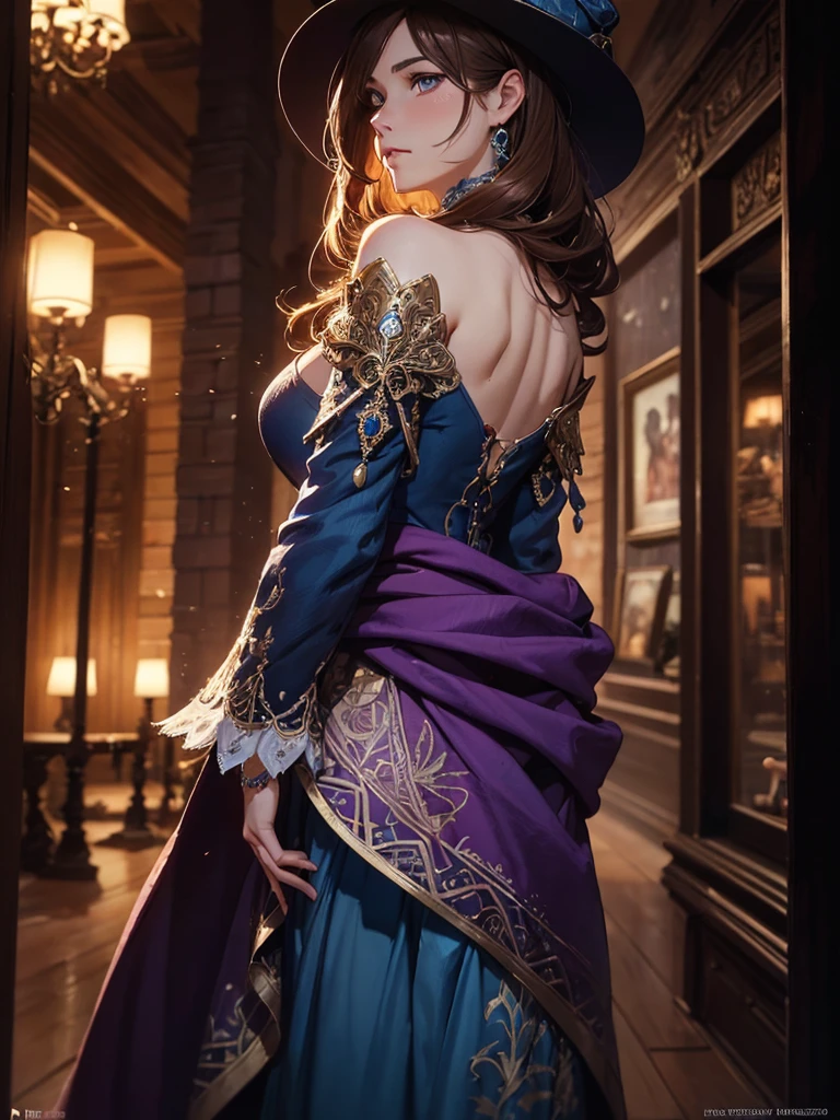 (by Greg Rutkowski: 1.2), (masterpiece), ((best quality)), extremely delicate and beautiful, illustration, highly detailed face and body. ((Dynamic bust of beautiful aristocratic maiden，Brown chestnut hair elegantly coiled，Wearing a huge blue hat，Purple clear eyes，The hair is covered with beautiful and delicate floral craftsmanship, Crystal jewelry filigree)), ((Heavy clothing, Very warm clothes)), cool face, HD. elegance. photorealism. Unreal engine. From Brian Froud and Carne Griffiths and Wadim Kashin and John William Waterhouse, 8K post-production, high resolution, hyperdetailed, depth of field, HDR, intricate