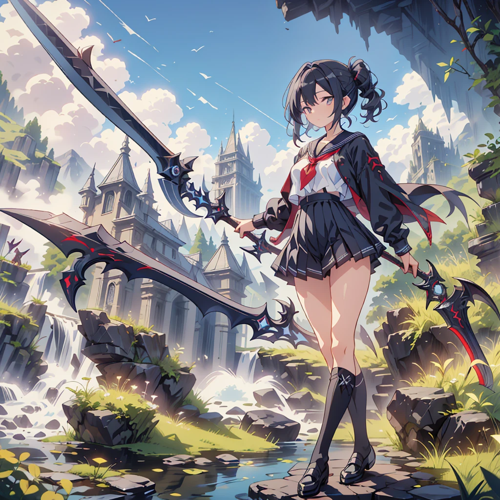 (masterpiece, Highest quality), (perfect athletic body:1.2), (Thin Hair), Very detailed, Anime Style, whole body, alone, Vampire Hunter, Black Sailor Suit, big grim reaper scythe, Black Hair, High Boots, Standing in the Wilderness,Navy blue knee socks,Black Loafers、 8K high resolution, White Background, whole body,