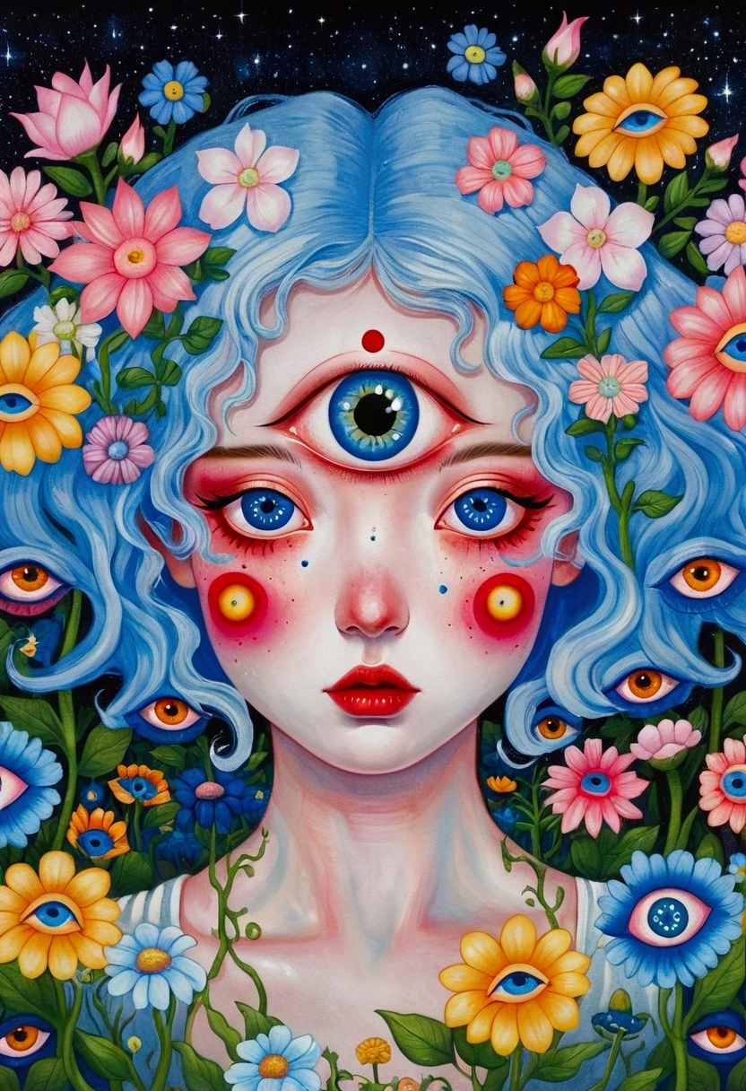 painting of a woman with blue hair and blue eyes surrounded by flowers, pop surrealism lowbrow art style, lowbrow pop surrealism, japanese pop surrealism, third - eye visions, starry eyes, third eye, pop surrealism, portrait of a mystical giant eye, psychedelic illustration, many eyes on head, mystical eyes, pop surrealism art style, pop - surrealism