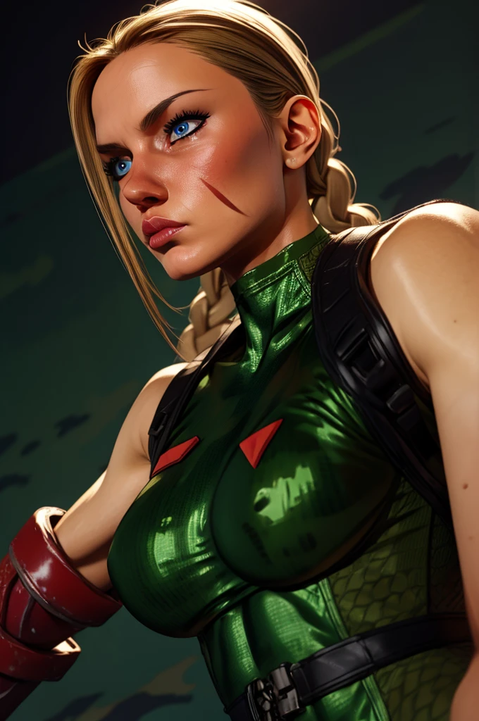 Hyper realistic super detailed sexy Cammy, very detailled, (hyperrealisti: 1.4), ((hot body, in dynamic combat pose, brave face)), ((camel fingers)), Classic Green Suite, twin braids, long hair, hair blonde, blue colored eyes, scar on cheek, green leotard, breasts big, sleeveless, red gloves, gloves fingerless, camouflage. (((army background))).