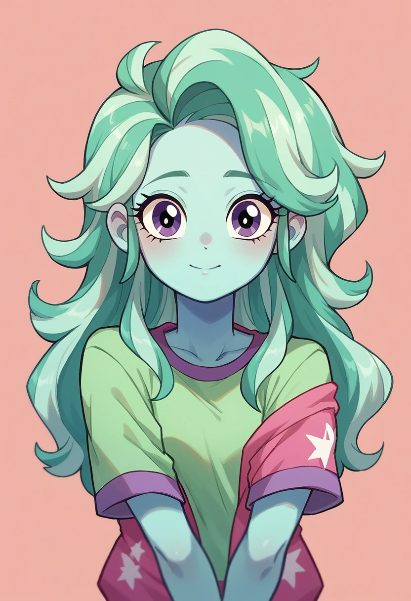 [Girl], [Equestria Girls], {(Minty green long length scruffy hair)}, {(Minty blue skin)}, (