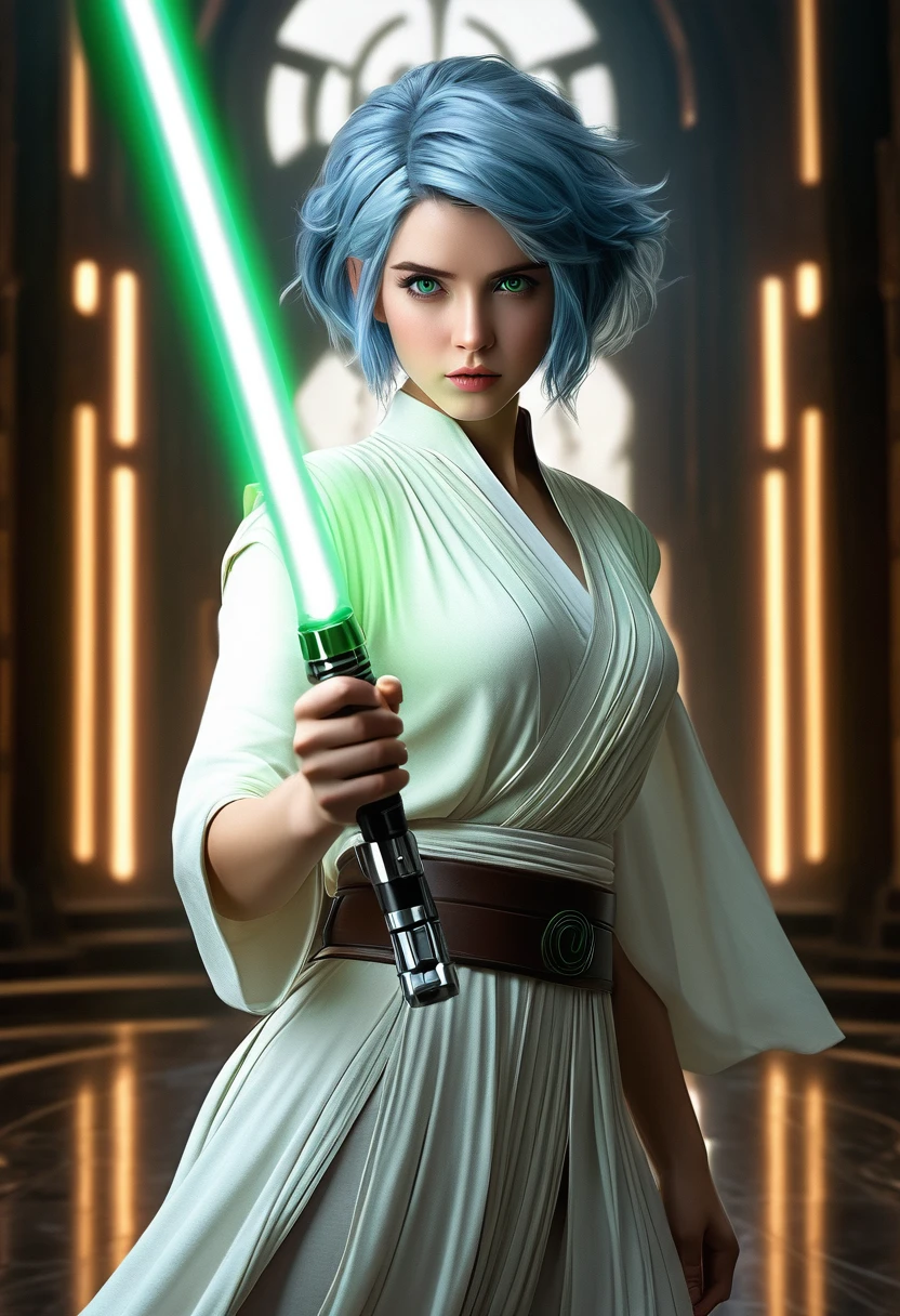 ultra wide angle, in focus, jedi temple background, gorgeous lifelike, dynamic pose, a young lady, (highly detailed face and eyes:1.3), confident expression, holding green lightsaber in his hand, medium shot, hyper details, lighting art, cinematic, insane details, intricate details, hyperdetailed, jedi com roupas brancas, fractal, dark shot, big , full body, jedi (Star wars), white clothes, short hair, blue hair