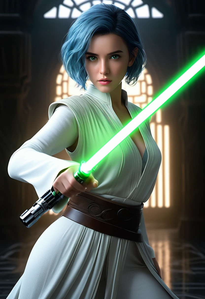 ultra wide angle, in focus, jedi temple background, gorgeous lifelike, dynamic pose, a young lady, (highly detailed face and eyes:1.3), confident expression, holding green lightsaber in his hand, medium shot, hyper details, lighting art, cinematic, insane details, intricate details, hyperdetailed, jedi com roupas brancas, fractal, dark shot, big , full body, jedi (Star wars), white clothes, short hair, blue hair