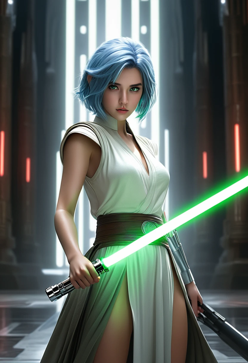 ultra wide angle, in focus, jedi temple background, gorgeous lifelike, dynamic pose, a young lady, (highly detailed face and eyes:1.3), confident expression, holding green lightsaber in his hand, medium shot, hyper details, lighting art, cinematic, insane details, intricate details, hyperdetailed, jedi com roupas brancas, fractal, dark shot, big , full body, jedi (Star wars), white clothes, short hair, blue hair