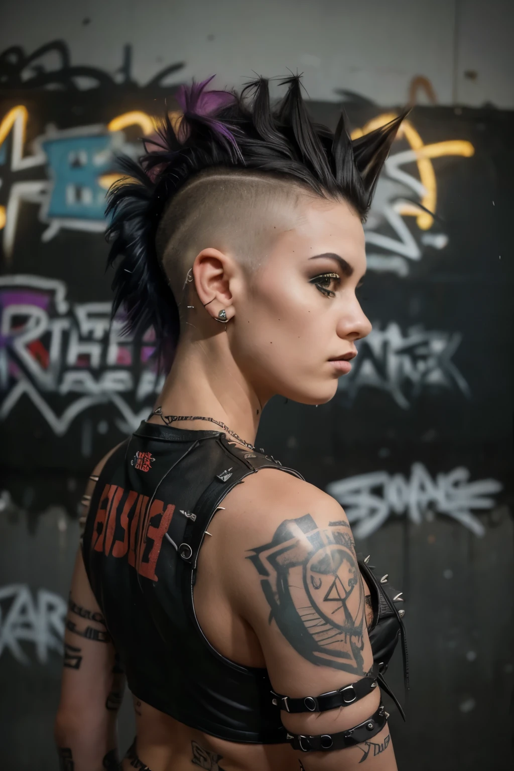 Photorealistic, ultra-detailed, ((back viewer, Nice Butt)), ((Rocker punk girl, black spiky mohawk hair)) girl, hot Body, ABS, tattoo, t-shirt write "666".portrait photo, grunge, side viewer, Solo, dimly lit room, edgy urban scene with graffiti, dark and moody, late evening, city lights flashing, neon lighting The essence of rock and roll, Spike hair, 18 years old, assertive, confident expression, showcasing multiple piercings, blurry background, grunge texture, Best contrast, industrial, Instagram LUT, Professional, 4k, electrifying gaze, shot on Nikon, 50mm, shallow depth of field,  ((Abandoned Graffiti Wall Background, cinematic lighting )).