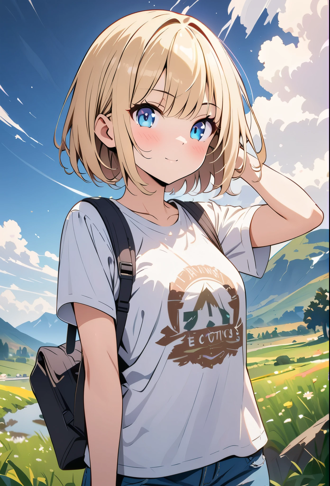 anime、デジタルanimeアート、vector art,(masterpiece:1.2)、high quality、High resolution、Very detailed、Amazingly absurd、Exotic lands、Girl carrying a backpack、Traveling alone、(Hitchhiking)、European countryside background、Short Bob、cute、Backpack、Patterned T-shirt、Half Jeans、Upper Body,blonde、blue eyes