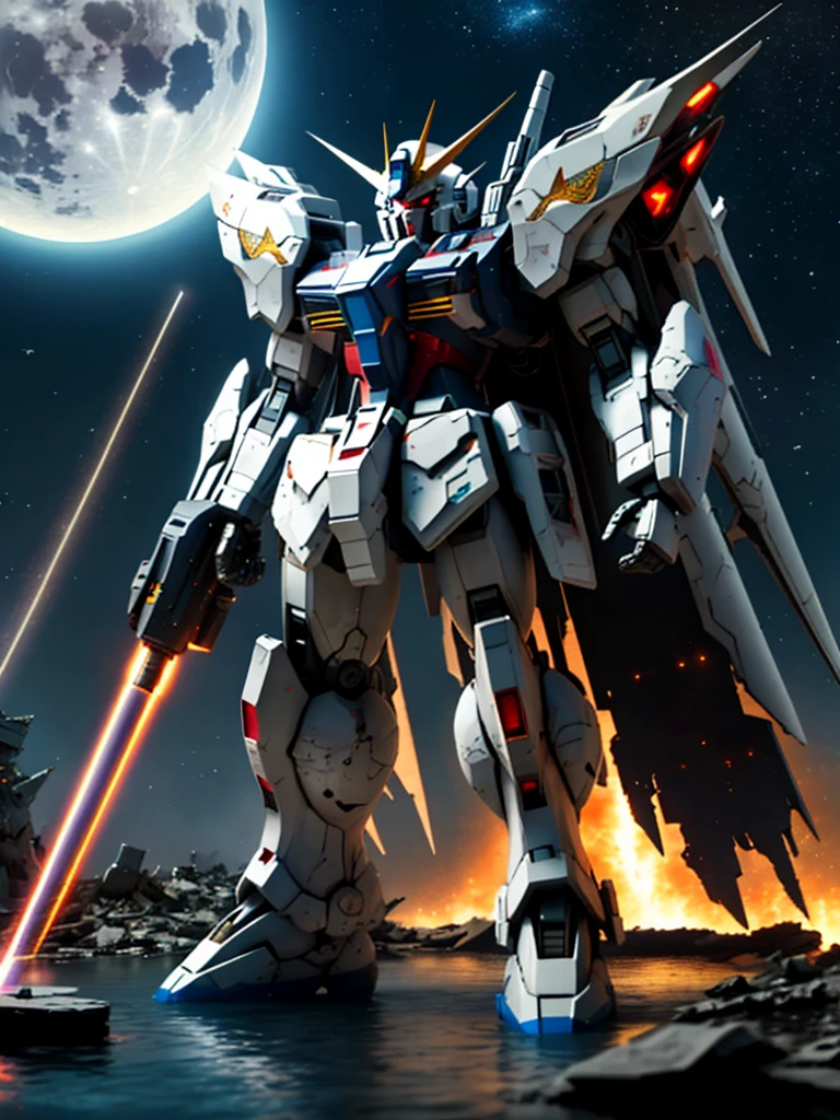 New launch century Gundam X, big moon, ((A fallen and destroyed space colony)), Desolate Land, Broken Building, Submerged town, lake surface, Floating on the water, (standing on tiptoe:1.8), Satellite Cannon, Beautiful scenery, high resolution, Beautiful night sky, Multicolored light, Clean light, large on the back4Feathers、water surface, ((carrying a large cannon on his 肩)), Fires a laser beam of incredible power、Laser beam from the moon、Super-high resolution、4K、countless stars、overlooking, I'm poised, Firing regime, ドローン-mobile suit around、