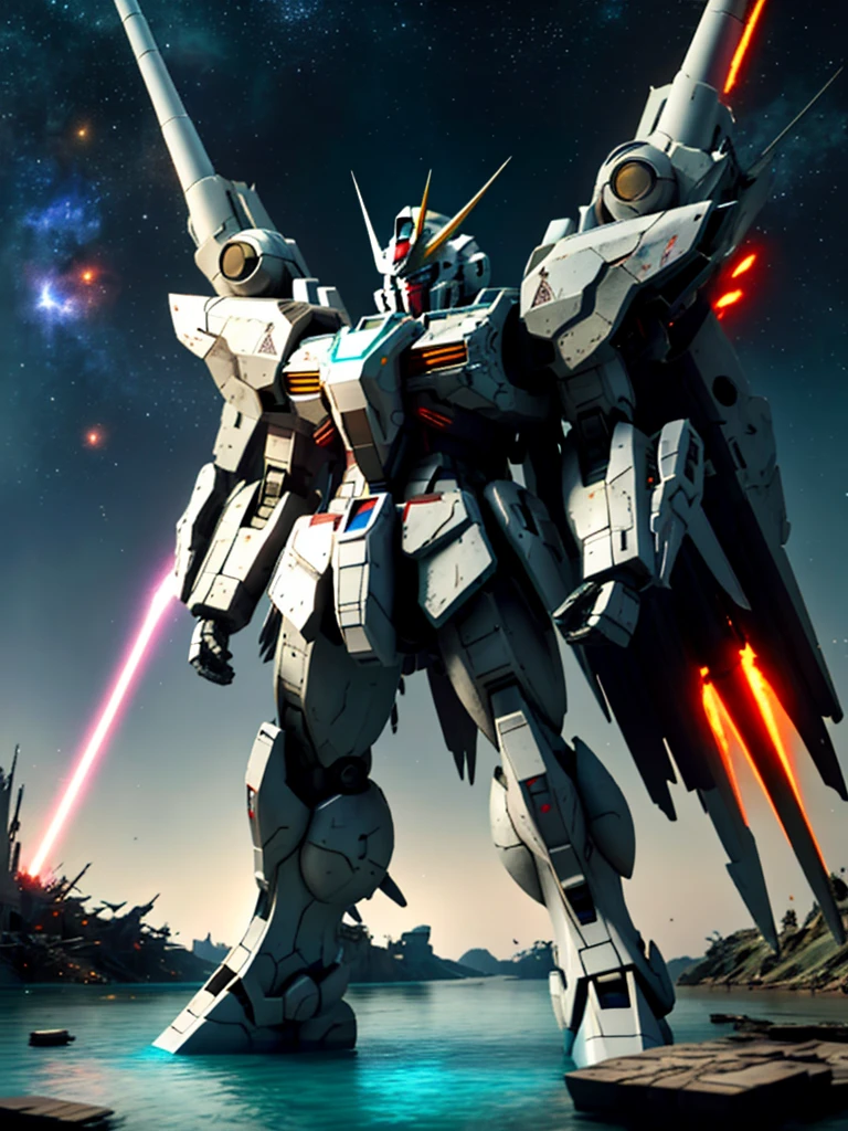New launch century Gundam X, big moon, ((A fallen and destroyed space colony)), Desolate Land, Broken Building, Submerged town, lake surface, Floating on the water, (standing on tiptoe:1.8), Satellite Cannon, Beautiful scenery, high resolution, Beautiful night sky, Multicolored light, Clean light, large on the back4Feathers、water surface, ((carrying a large cannon on his 肩)), Fires a laser beam of incredible power、Laser beam from the moon、Super-high resolution、4K、countless stars、overlooking, I'm poised, Firing regime, ドローン-mobile suit around、