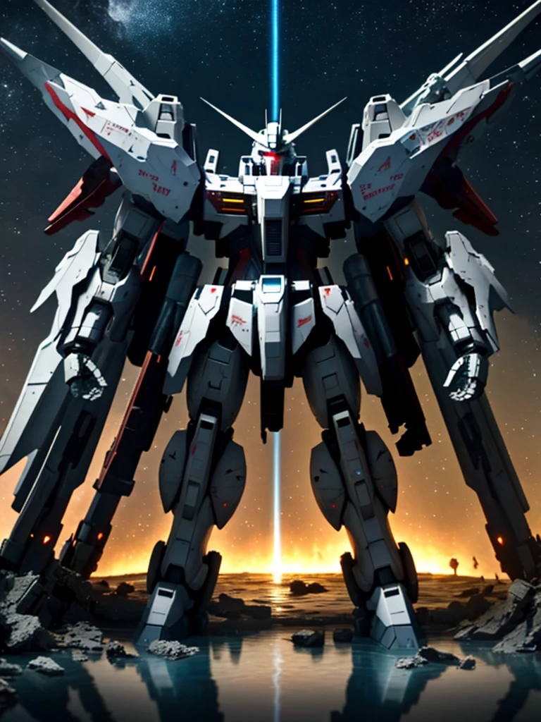 New launch century Gundam X, big moon, ((A fallen and destroyed space colony)), Desolate Land, Broken Building, Submerged town, lake surface, Floating on the water, (standing on tiptoe:1.8), Satellite Cannon, Beautiful scenery, high resolution, Beautiful night sky, Multicolored light, Clean light, large on the back4Feathers、water surface, ((carrying a large cannon on his 肩)), Fires a laser beam of incredible power、Laser beam from the moon、Super-high resolution、4K、countless stars、overlooking, I'm poised, Firing regime, ドローン-mobile suit around、