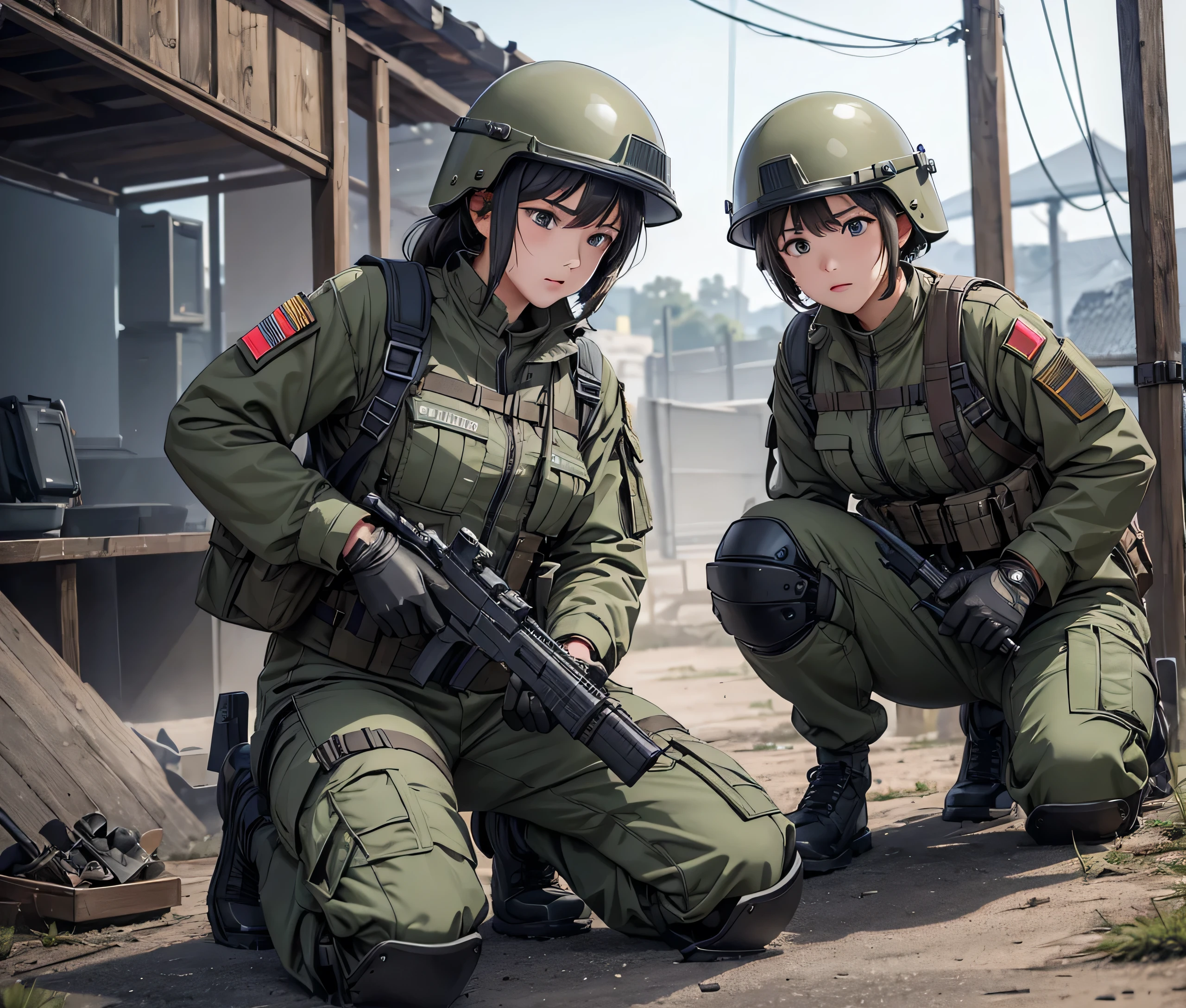 A group of female soldiers wearing zippered military uniforms、Wear a steel helmet、Gloves、Magazine Pouch、Knee pads、Shooting battle、Write details、masterpiece、best quality、Highly detailed CG、8K picture quality