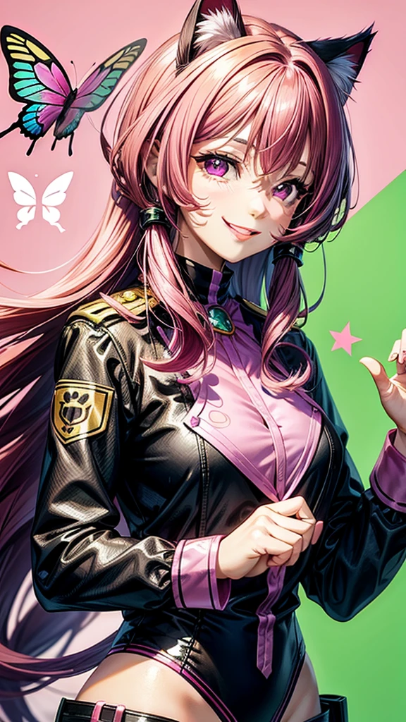 Magenta hair, brown eyes, older woman, long thick hair, hair ornaments, smile face, happy, cat ears, sexy uniform outfit, butterflies, pink and green background, holding cat, cat background 