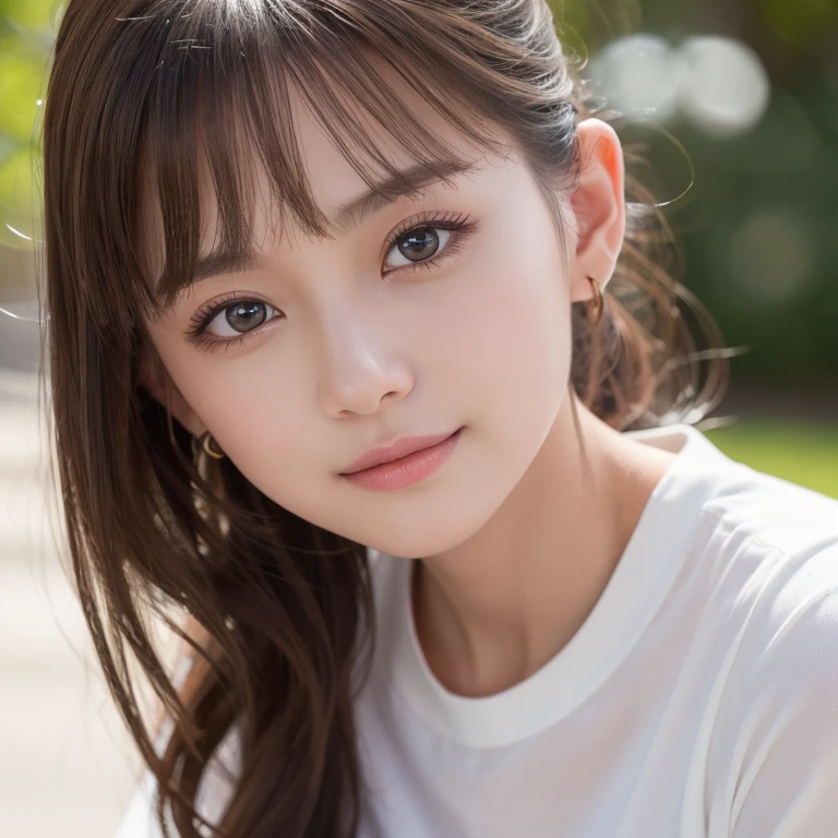 Outdoors in the city、smile、 Caustics、Highly detailed photos、No makeup、(8k、RAW Photos、Highest quality、masterpiece:1.2)、(Realistic、Realistic)、1 girl、((Looking into the camera:1.4))、
Clothes with the texture of real fabric,masterpiece,Realistic light and shadow effects,
8k最高画質はフル,Extremely realistic skin,Photo level,Temperamental girl,Thin lips,The face is very realistic,The hair is very realistic,
Short sleeve white shirt,Brown ponytail,Exquisite makeup,bangs,
Delicate facial features,Big eyes,High resolution, Simple Background,