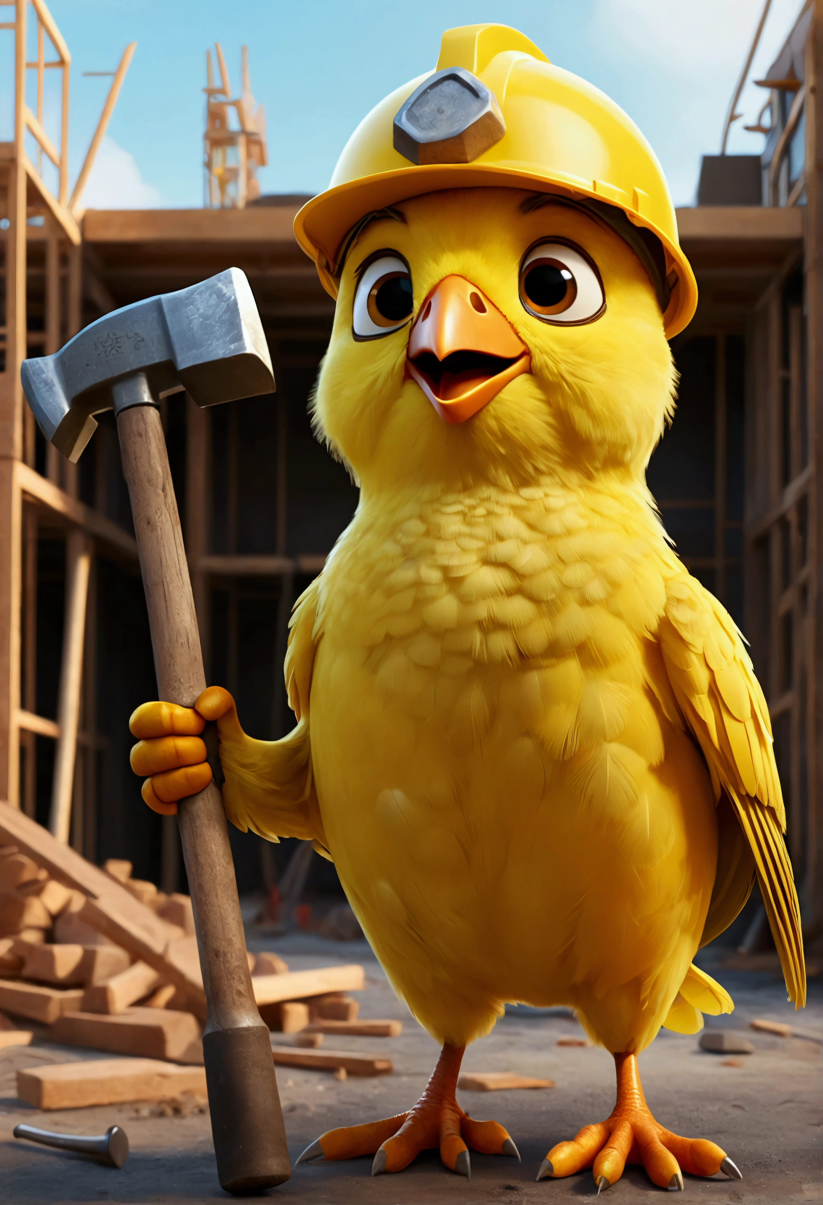 Pixar style humanoid yellow bird standing happy, with a construction hat, holding a hammer