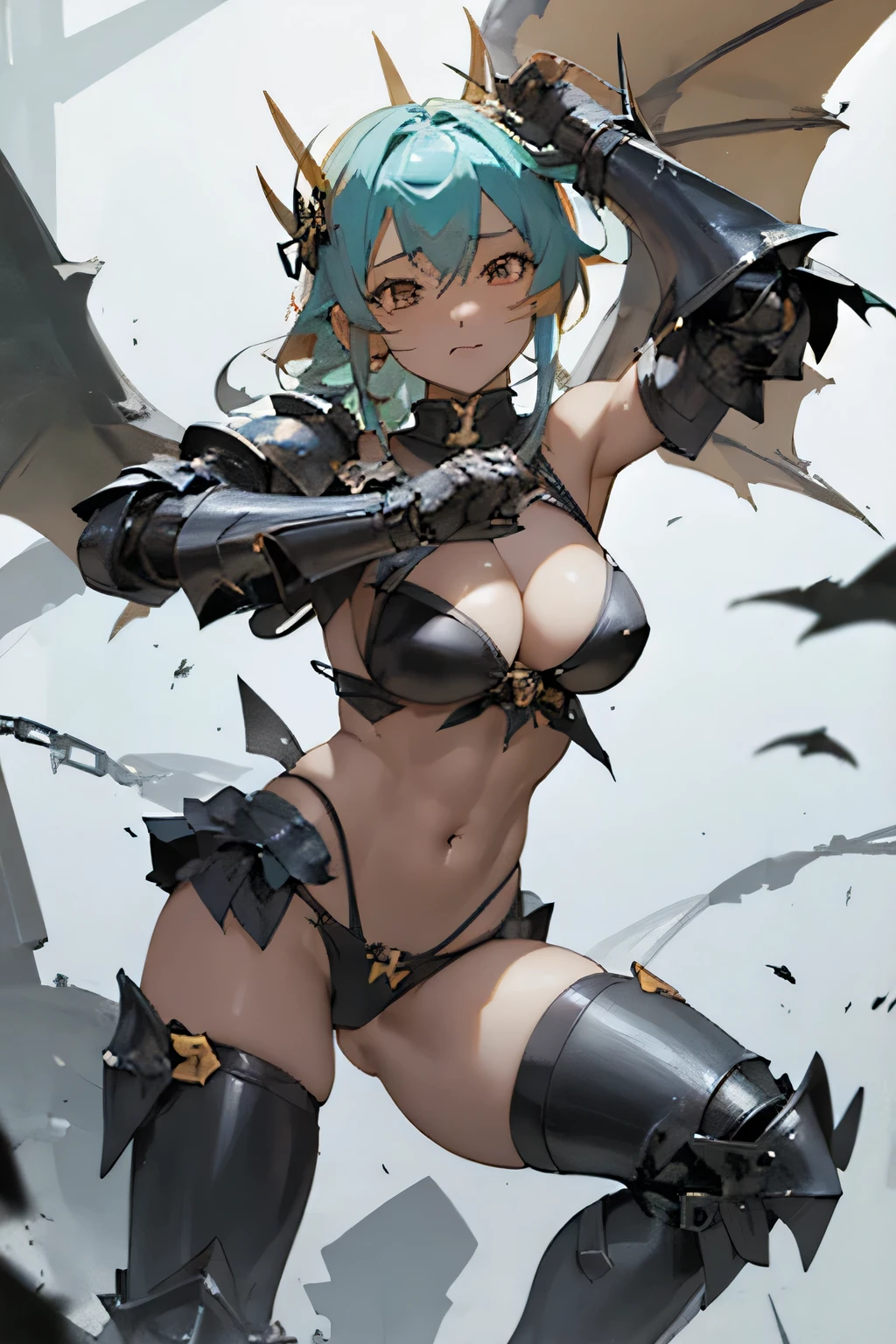 Anime girl posing with wings and armor in photo, armor girl, bikini armor female knight, by Yang J, Succubus, free pose、mechanized valkyrie girl, angel knight girl, Bikini Armor, Torn Bikini Armor, abdominalusculature、Thin macho、Open your crotch、free pose、rossdraws 1. 0, rossdraws 2. 5, rossdraws sakimimichan, a beautiful succubus, Dragon Girl、Rubble battlefield
