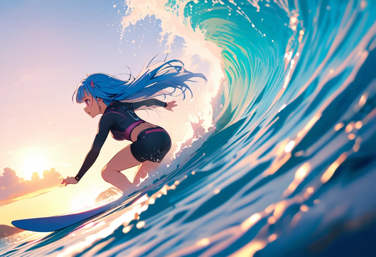 (surfing), Big Wave, performance, surfboard, dynamic, Splash of the sea, Sports, action, girl, alone, (Rika Furude), Blue Hair, Purple eyes, Long Hair, blunt bangs, bangs, I&#39;m 11 years old, 