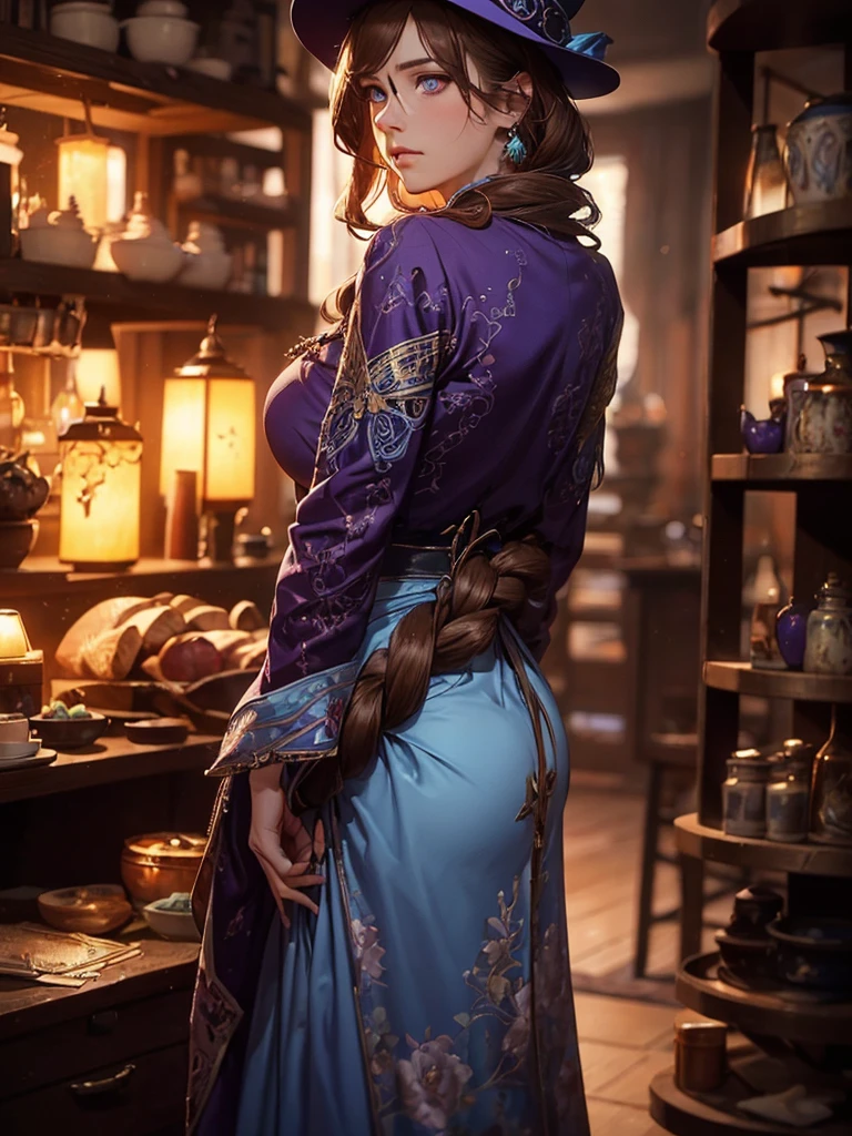 (by Greg Rutkowski: 1.2), (masterpiece), ((best quality)), extremely delicate and beautiful, illustration, highly detailed face and body. ((Dynamic bust of beautiful aristocratic maiden,Brown chestnut hair elegantly coiled,Wearing a huge blue hat,Purple clear eyes,The hair is covered with beautiful and delicate floral craftsmanship, Crystal jewelry filigree)), ((Heavy clothing, Very warm clothes)), cool face, HD. elegance. photorealism. Unreal engine. From Brian Froud and Carne Griffiths and Wadim Kashin and John William Waterhouse, 8K post-production, high resolution, hyperdetailed, depth of field, HDR, intricate