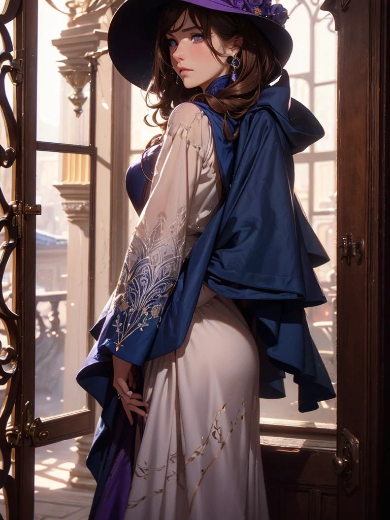 (by Greg Rutkowski: 1.2), (masterpiece), ((best quality)), extremely delicate and beautiful, illustration, highly detailed face and body. ((Dynamic bust of beautiful aristocratic maiden,Brown chestnut hair elegantly coiled,Wearing a huge blue hat,Purple clear eyes,The hair is covered with beautiful and delicate floral craftsmanship, Crystal jewelry filigree)), ((Heavy clothing, Very warm clothes)), cool face, HD. elegance. photorealism. Unreal engine. From Brian Froud and Carne Griffiths and Wadim Kashin and John William Waterhouse, 8K post-production, high resolution, hyperdetailed, depth of field, HDR, intricate