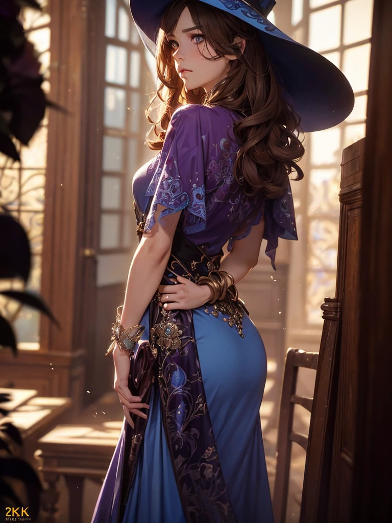 (by Greg Rutkowski: 1.2), (masterpiece), ((best quality)), extremely delicate and beautiful, illustration, highly detailed face and body. ((Dynamic bust of beautiful aristocratic maiden,Brown chestnut hair elegantly coiled,Wearing a huge blue hat,Purple clear eyes,The hair is covered with beautiful and delicate floral craftsmanship, Crystal jewelry filigree)), ((Heavy clothing, Very warm clothes)), cool face, HD. elegance. photorealism. Unreal engine. From Brian Froud and Carne Griffiths and Wadim Kashin and John William Waterhouse, 8K post-production, high resolution, hyperdetailed, depth of field, HDR, intricate