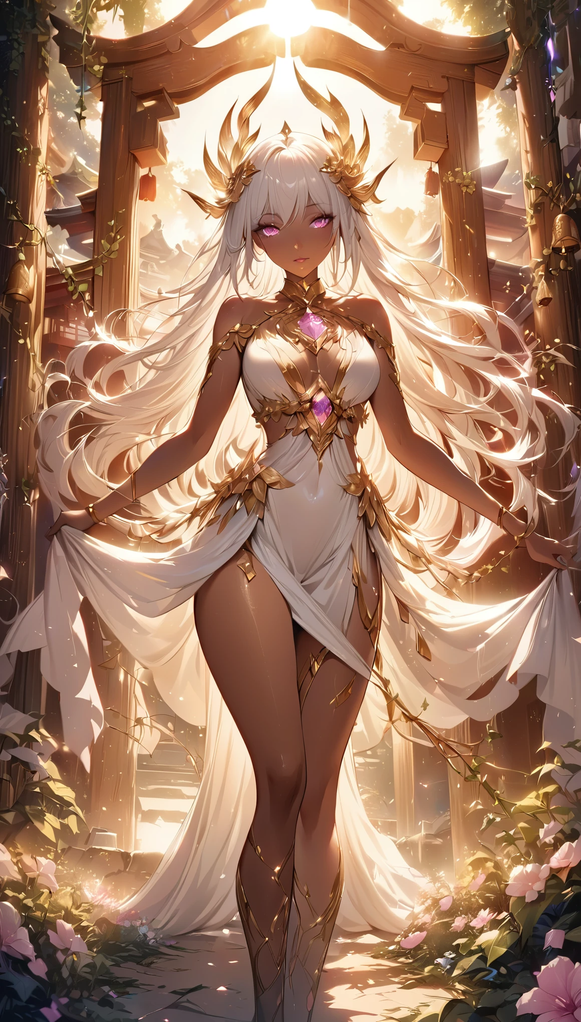 masterpiece, best quality, (extremely detailed CG unity 8k wallpaper), (best quality), (best illustration), (best shadow), absurdres, realistic lighting, Golden hour, Old shrine, beautiful detailed glow, art by PeterMohrBacher, Tall woman, warm brown skin, dark skinned woman, white hair, Pink eyes, Long flower vines in hair, Beautiful white dress with golden accessories and accents, light pink gems on outfit, Beautiful golden decor, 1 woman, Black woman, Etheral looking, Goddess, Detailed face, Focus on facial details, Detailed eyes, looking at camera