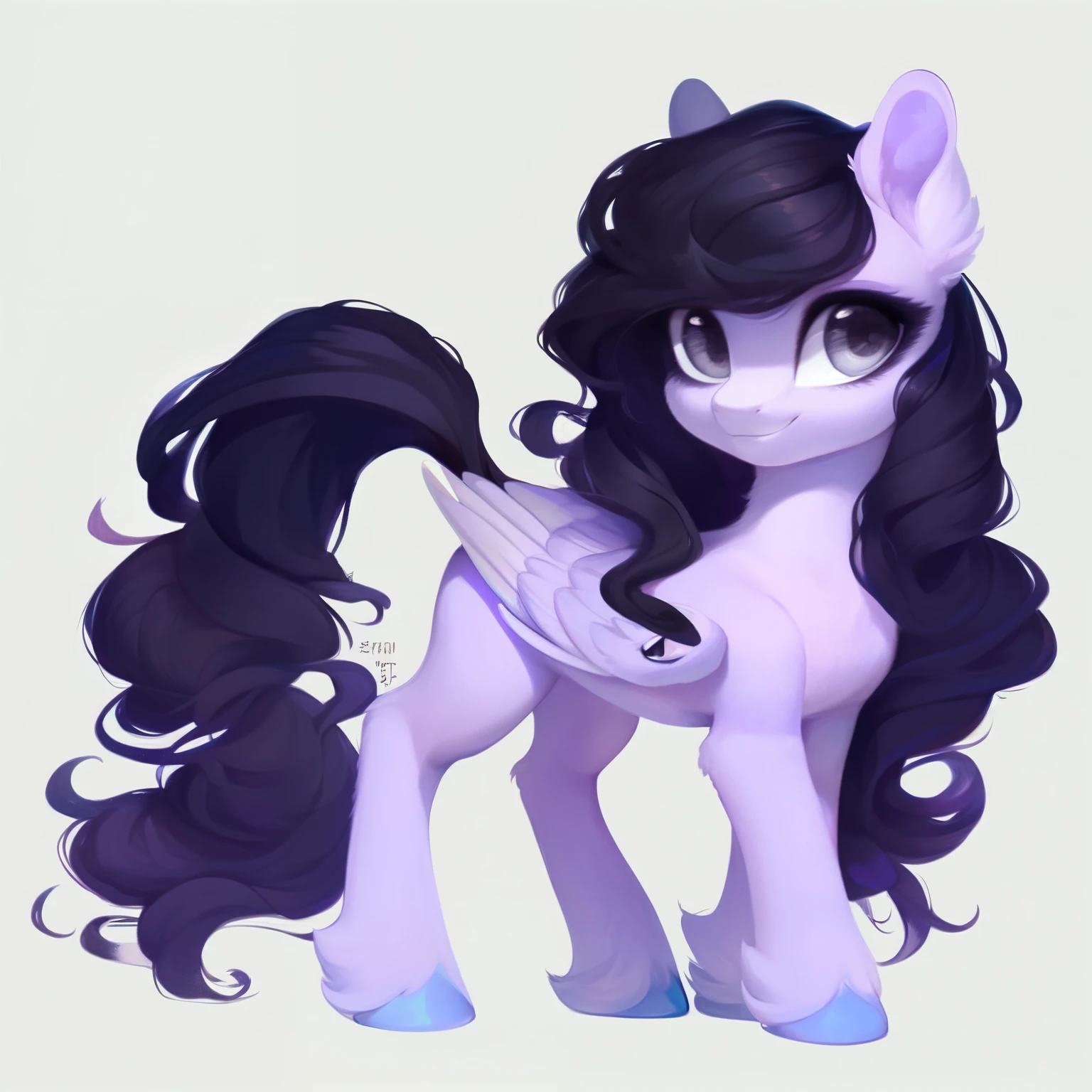 rating_safe, score_9, fluffy, feral pegasus pony, female, round cute face, Lavender purple body, black-purple mane, disheveled hair, soft and delicate long hair, clear grey eyes, grey eyes, smiling. dynamic。young and beautiful。。Standing picture, Ray Tracing。whole body。Standing。White background,Full body painting
