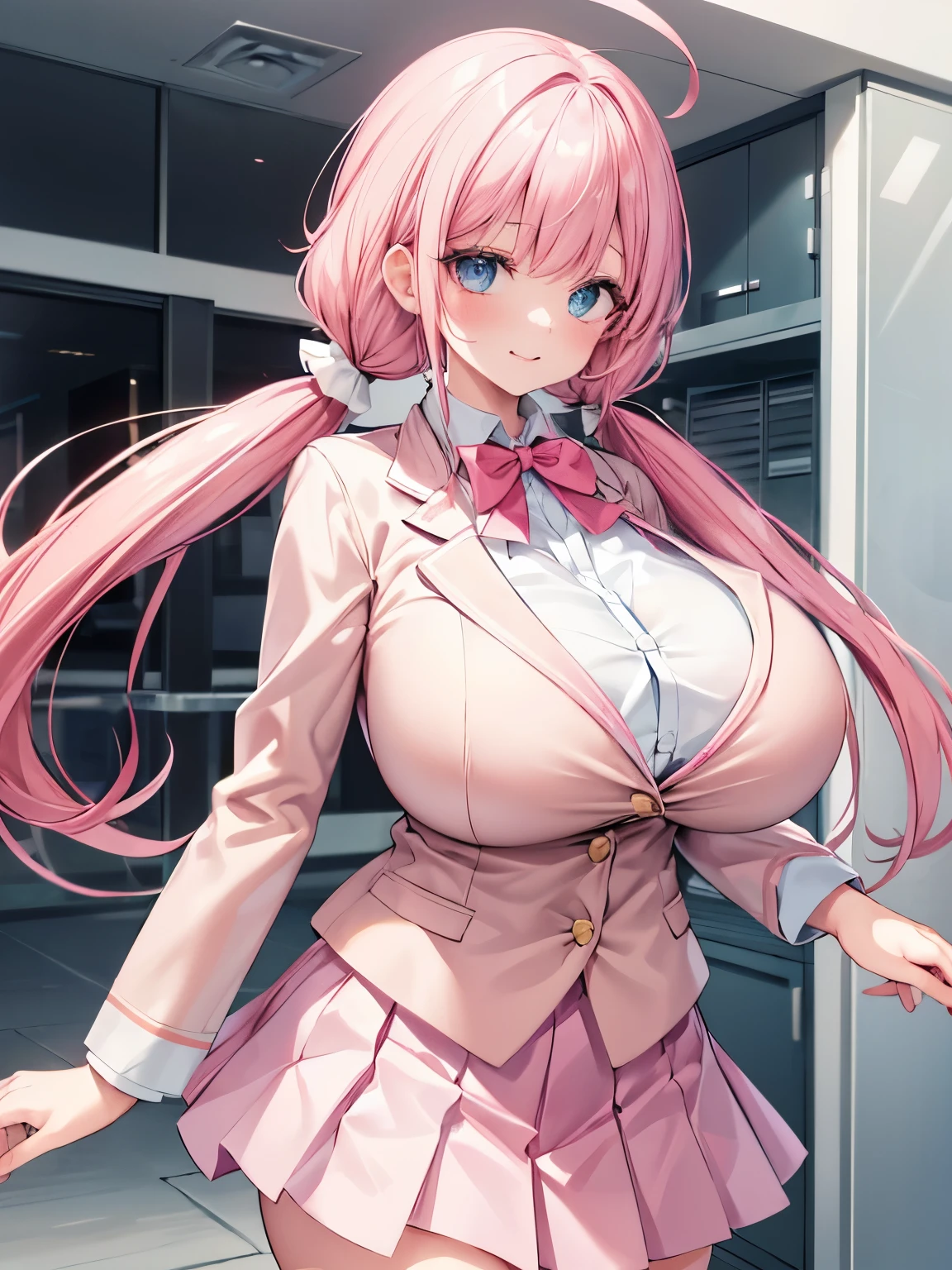 Best Quality,Detailed and cute eyes,Very cute face,(Solo Girl),(gigantic breasts:1.5),(Pink hair),(low twintails:1.4),Scrunchie,(Big light blue eyes),A very happy smile,Open your mouth wide,View Viewer,BREAK,(Student Uniform,Beige blazer,Wear a blazer over a button-down collared shirt,Red bow tie,Pink pleated skirt:1.5),Are standing,School corridor,Cowboy Shot,Dynamic Pose