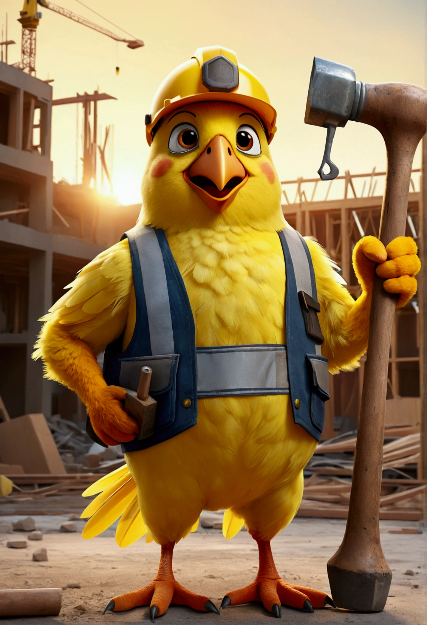 Pixar style humanoid yellow bird standing happy, with a construction hat, wearing a safety vest, holding a hammer