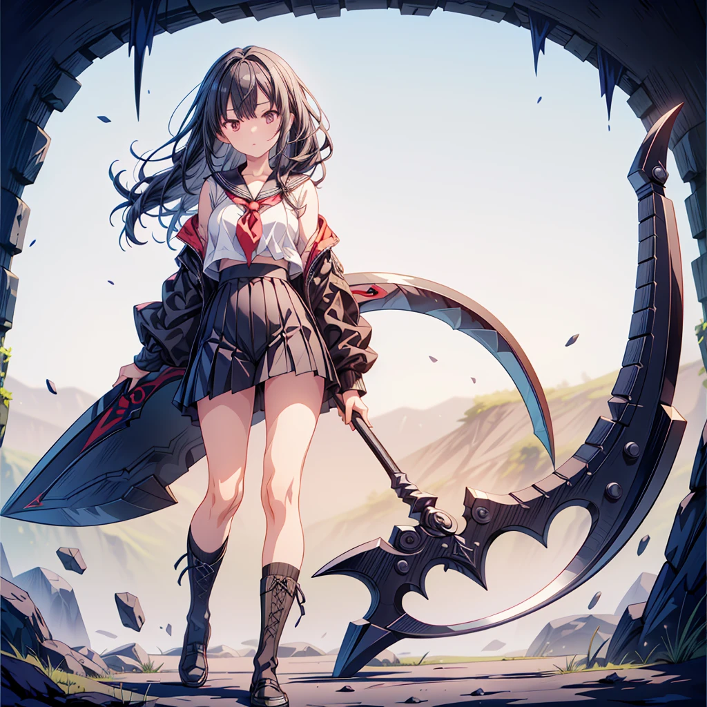 (masterpiece, Highest quality), (perfect athletic body:1.2), (Thin Hair), Very detailed, Anime Style, whole body, alone, Vampire Hunter, Black Sailor Suit, big grim reaper scythe,  Black Hair, High Boots, Standing in the Wilderness,Navy blue knee socks,Black Loafers、 8K high resolution, White Background, whole body,