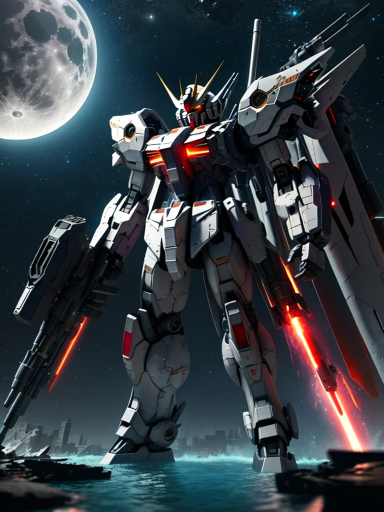 New launch century Gundam X, big moon, ((A fallen and destroyed space colony)), Desolate Land, Broken Building, Submerged town, lake surface, Floating on the water, (standing on tiptoe:1.8), Satellite Cannon, Beautiful scenery, high resolution, Beautiful night sky, Multicolored light, Clean light, large on the back４Feathers、water surface, Holding a huge beam cannon:1.8, ((carrying a large cannon on his 肩)), Fires a laser beam of incredible power、Laser beam from the moon、Super-high resolution、4K、countless stars、overlooking, I'm poised, Firing regime, ドローン-mobile suit around、