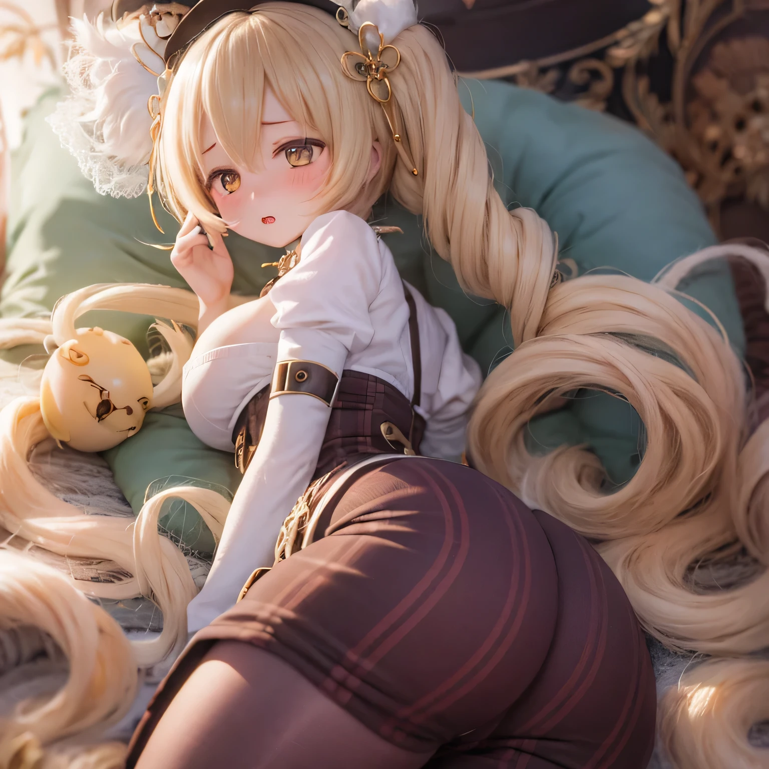 detailed, Beautiful woman with expressive eyes, Perfect Face, Long golden hair, Golden Eyes, Pでk Lips, Attention to detail, Anime Style, Bright colors, cute, Thick and sensual lips, Curvaceous and sensual body, blush, Rye and bed. poor、Looking back over her shoulder in a sexy pose