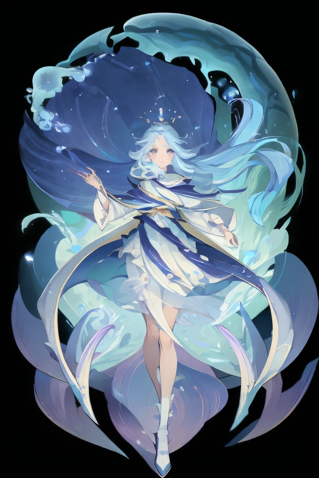 Anime girl in blue，Blue hair and blue clothes, Flowing Magic Robe, ((Beautiful fantasy queen), Full body fairy,heise jinyao, Beautiful fantasy queen, cotton cloud mage robes, Jellyfish Priestess, ethereal essence, Gorgeous flowing robe, Long flowing hair and robes
