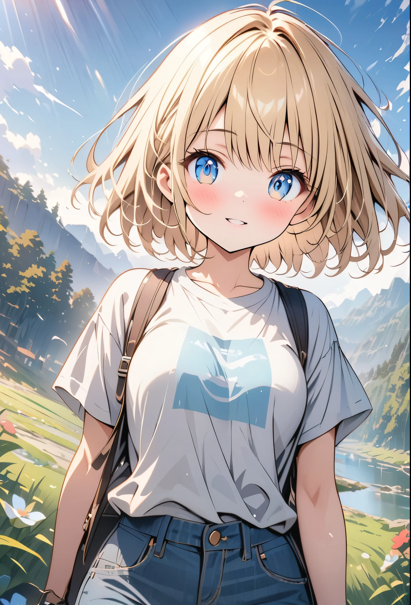 anime、デジタルanimeアート、vector art,(masterpiece:1.2)、high quality、High resolution、Very detailed、(Amazingly absurd:1.2)、frogs eye view,Exotic lands、Girl carrying a backpack、Traveling alone、(Hitchhiking)、European countryside background、Short Bob、cute、Backpack、Patterned T-shirt、Half Jeans、Upper Body,blonde、blue eyes,Light production、Sunlight filtering through the trees