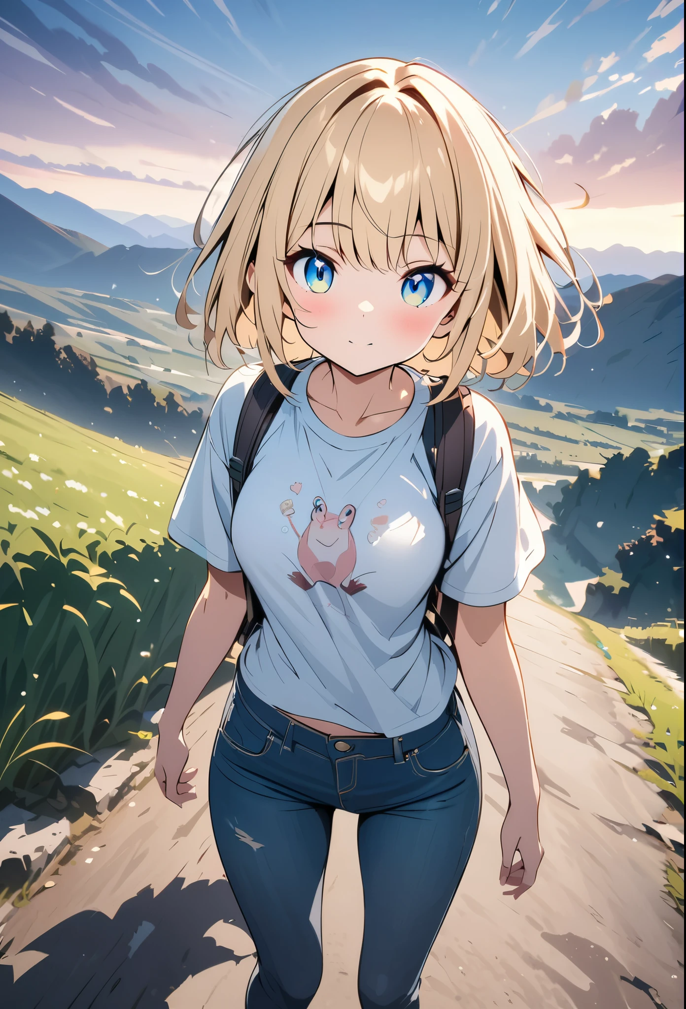 Tip: Very lovely  with a backpack and her cute puppy enjoying a lovely spring outing surrounded by beautiful yellow flowers and nature.. The illustration is a high definition illustration with 4k resolution., with highly detailed facial features and cartoon style visuals.  busty