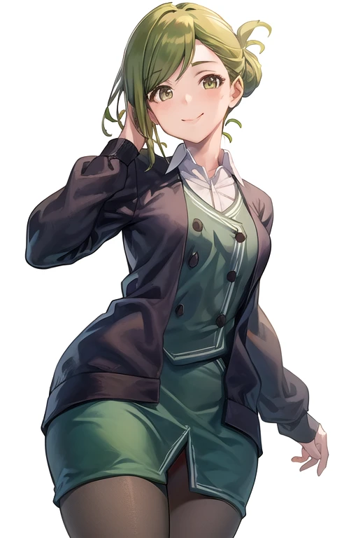 ((simple background,white background)),(masterpiece, best quality:1.2), cowboy shot, solo, 1girl, nanakusa hazuki, smile, looking at viewer, hand on own face, folded ponytail, office lady, cardigan, shirt, long sleeves, pencil skirt, pantyhose