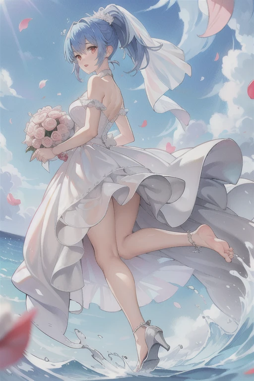 prinz eugen \(warship girls r\),((masterpiece)),(((best quality))),((ultra-detailed)),((illustration)),((disheveled hair)),((frills)),(1 girl),(solo),1girl,bangs,bare shoulders,barefoot,blue sky,blush,bridal veil,cherry blossoms,cloud,cloudy sky,confetti,day,dress,earrings,eyebrows visible through hair,falling petals,feet,flower,foot focus,hair between eyes,hair ornament,high heels,jewelry,leaves in wind,short hair,looking at viewer,looking back,ocean,open mouth,outdoors,petals,petals on liquid,ponytail,rose petals,shoes removed,sidelocks,single shoe,sky,soles,solo,splashing,thighs,tiara,toes,tree,underwear,veil,water,water drop,wedding dress,wet,white dress,Rating:safe,foreshortening,
blue hair,red eyes,