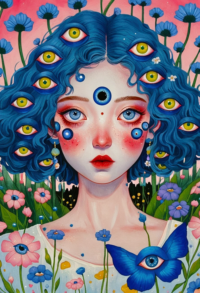 painting of a woman with blue hair and blue eyes surrounded by flowers, pop surrealism lowbrow art style, lowbrow pop surrealism, japanese pop surrealism, third - eye visions, starry eyes, third eye, pop surrealism, portrait of a mystical giant eye, psychedelic illustration, many eyes on head, mystical eyes, pop surrealism art style, pop - surrealism