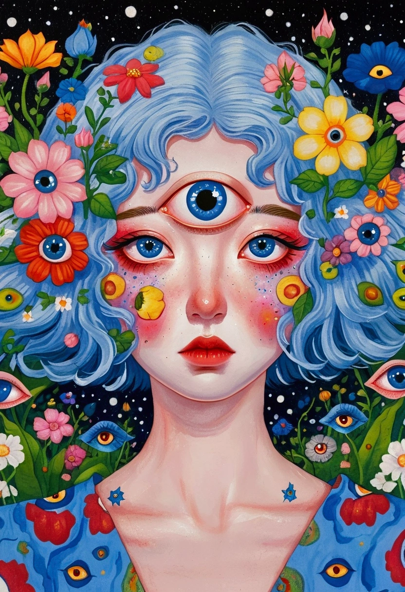 painting of a woman with blue hair and blue eyes surrounded by flowers, pop surrealism lowbrow art style, lowbrow pop surrealism, japanese pop surrealism, third - eye visions, starry eyes, third eye, pop surrealism, portrait of a mystical giant eye, psychedelic illustration, many eyes on head, mystical eyes, pop surrealism art style, pop - surrealism