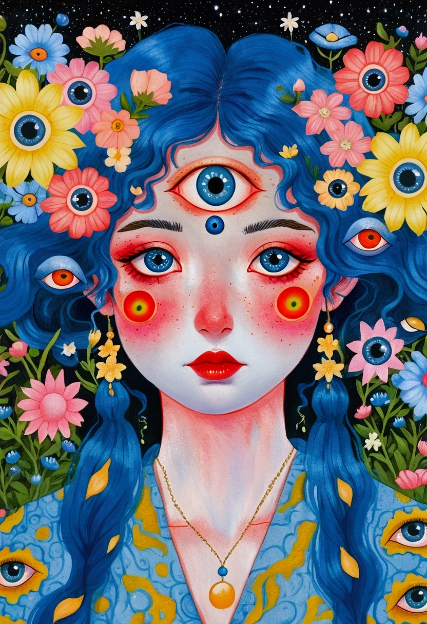 painting of a woman with blue hair and blue eyes surrounded by flowers, pop surrealism lowbrow art style, lowbrow pop surrealism, japanese pop surrealism, third - eye visions, starry eyes, third eye, pop surrealism, portrait of a mystical giant eye, psychedelic illustration, many eyes on head, mystical eyes, pop surrealism art style, pop - surrealism