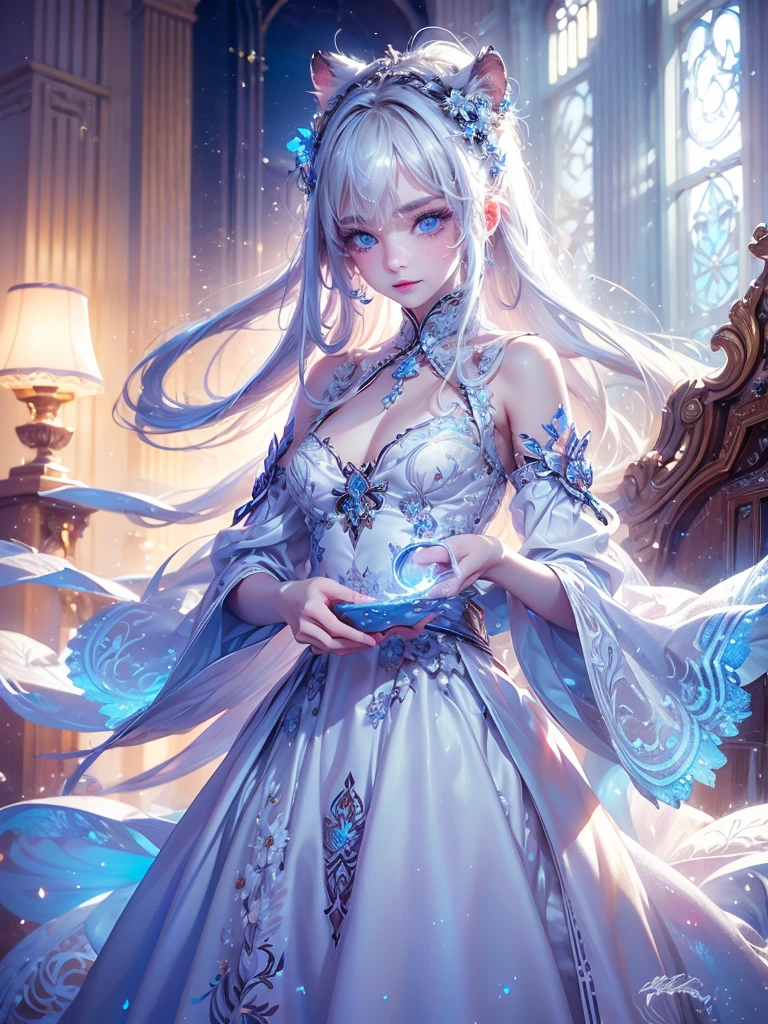 High quality, high resolution, fractal art, white hair and blue eyes, beautiful girl with long hair and white tiger, white dress with delicate embroidery, fantasy art, fantastic flower field, soap bubbles, Korean glitter eye makeup, very delicate makeup, glitter, small breasts